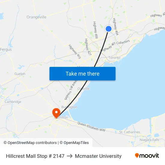 Hillcrest Mall Stop # 2147 to Mcmaster University map