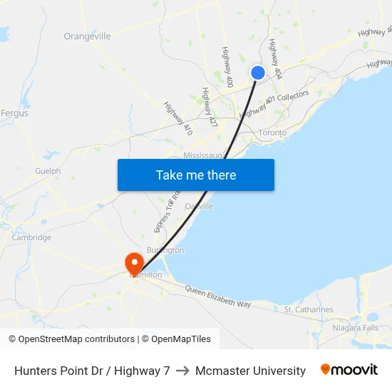 Hunters Point Dr / Highway 7 to Mcmaster University map
