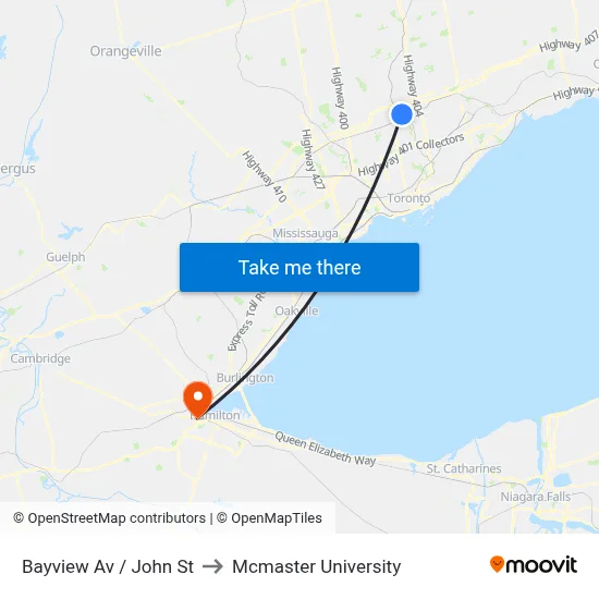 Bayview Av / John St to Mcmaster University map