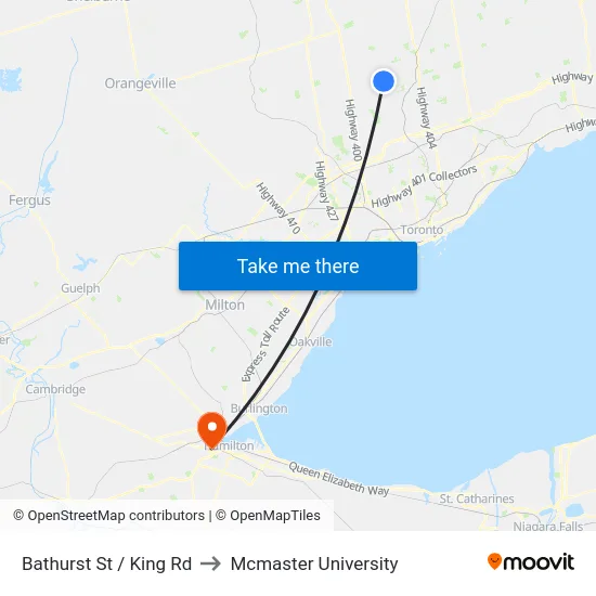 Bathurst St / King Rd to Mcmaster University map