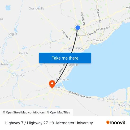 Highway 7 / Highway 27 to Mcmaster University map