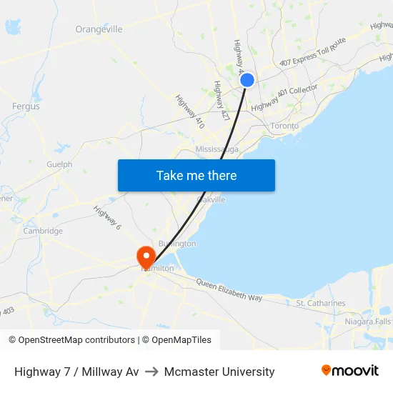 Highway 7 / Millway Av to Mcmaster University map