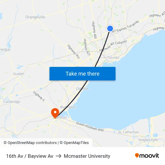 16th Av / Bayview Av to Mcmaster University map