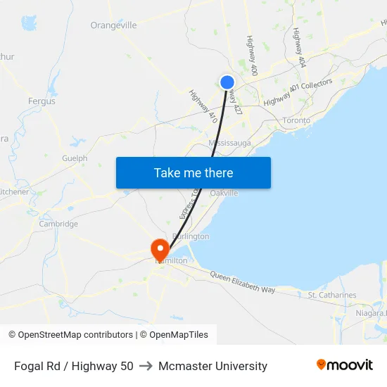 Fogal Rd / Highway 50 to Mcmaster University map