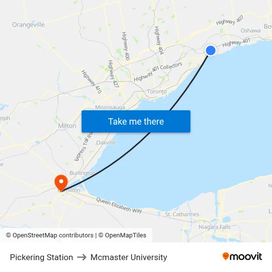 Pickering Station to Mcmaster University map