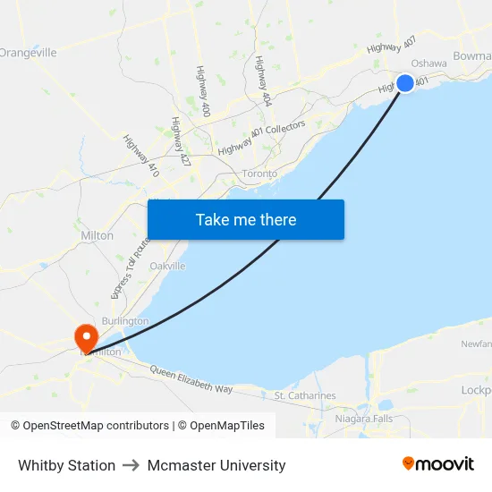 Whitby Station to Mcmaster University map