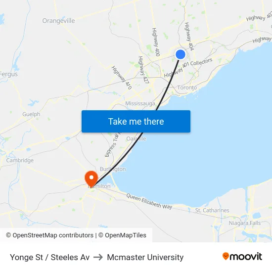 Yonge St / Steeles Av to Mcmaster University map