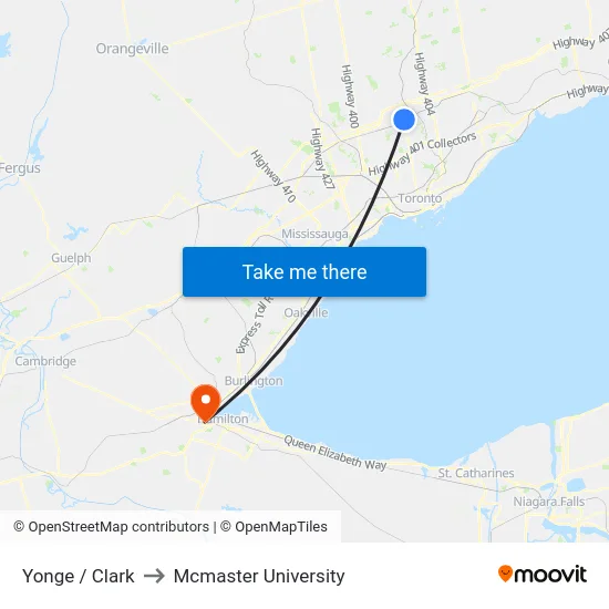 Yonge / Clark to Mcmaster University map