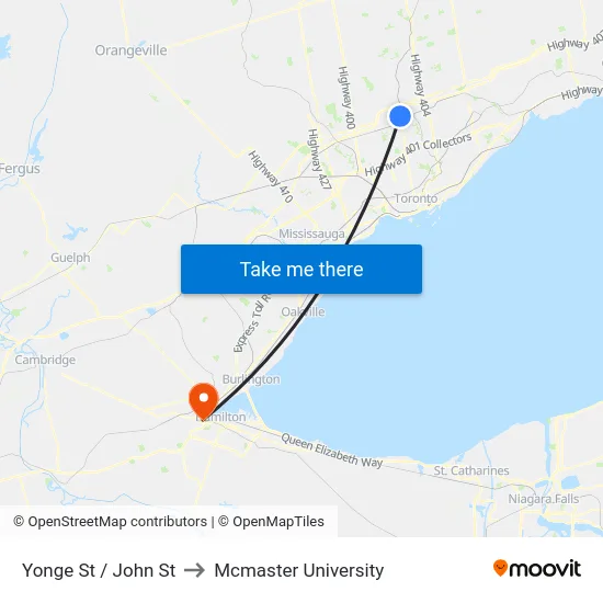 Yonge St / John St to Mcmaster University map