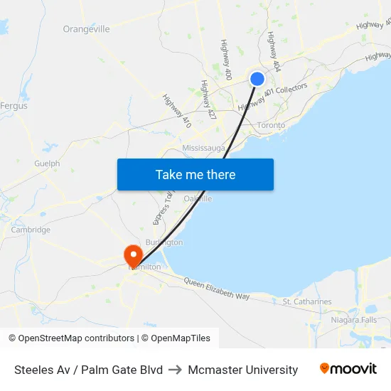 Steeles Av / Palm Gate Blvd to Mcmaster University map
