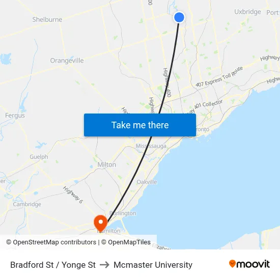 Bradford St / Yonge St to Mcmaster University map