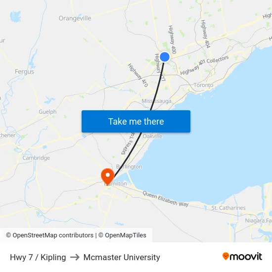 Hwy 7 / Kipling to Mcmaster University map