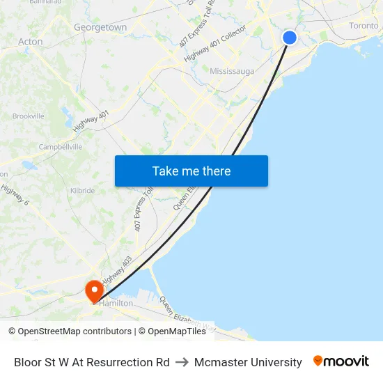 Bloor St W At Resurrection Rd to Mcmaster University map