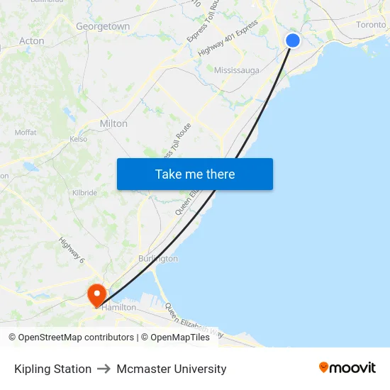Kipling Station to Mcmaster University map
