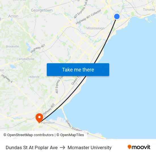 Dundas St At Poplar Ave to Mcmaster University map