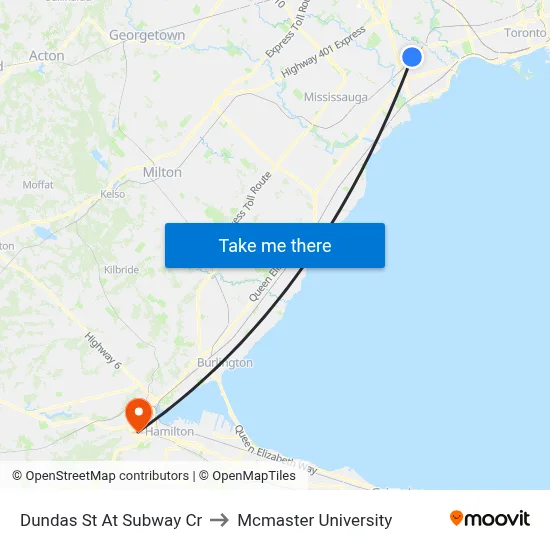 Dundas St At Subway Cr to Mcmaster University map