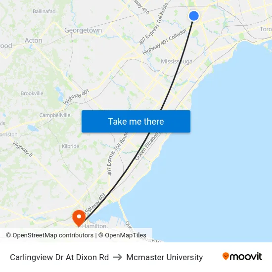 Carlingview Dr At Dixon Rd to Mcmaster University map