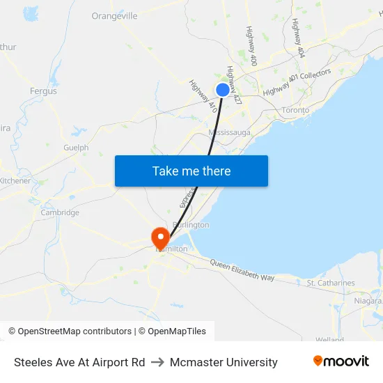 Steeles Ave At Airport Rd to Mcmaster University map