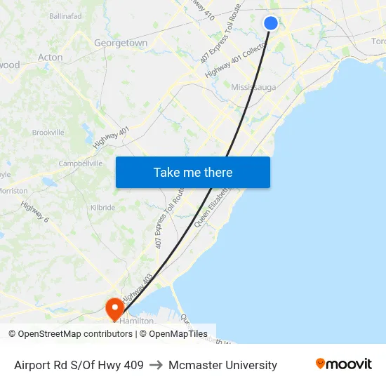 Airport Rd S/Of Hwy 409 to Mcmaster University map