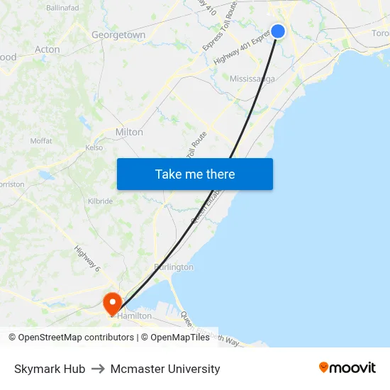 Skymark Hub to Mcmaster University map