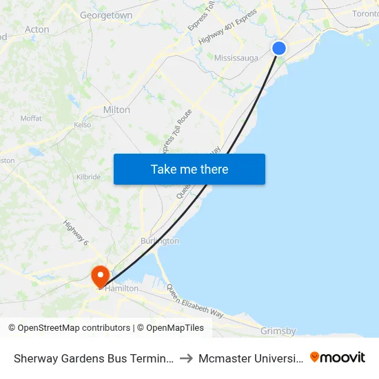 Sherway Gardens Bus Terminal to Mcmaster University map