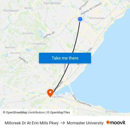 Millcreek Dr At Erin Mills Pkwy to Mcmaster University map