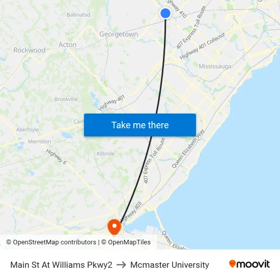 Main St At Williams Pkwy2 to Mcmaster University map