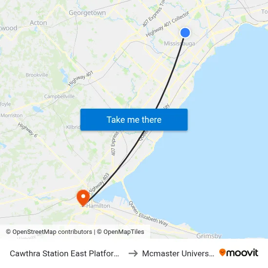 Cawthra Station East Platform A to Mcmaster University map