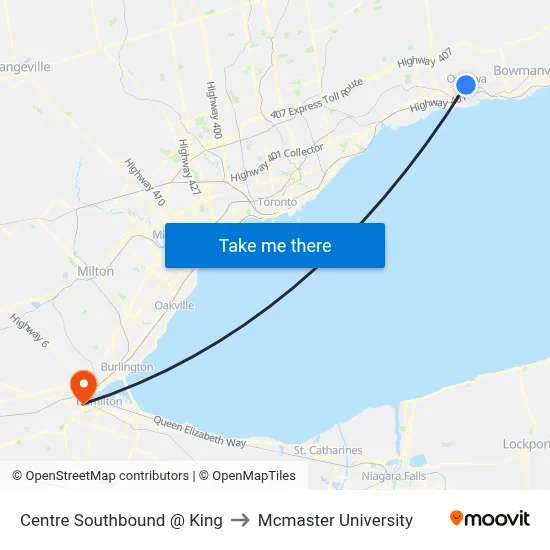 Centre Southbound @ King to Mcmaster University map