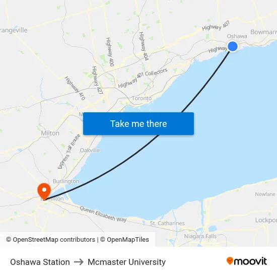 Oshawa Station to Mcmaster University map