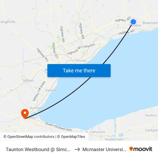 Taunton Westbound @ Simcoe to Mcmaster University map