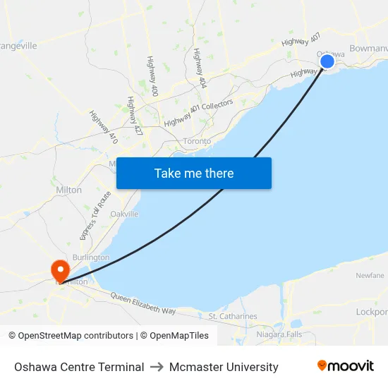 Oshawa Centre Terminal to Mcmaster University map