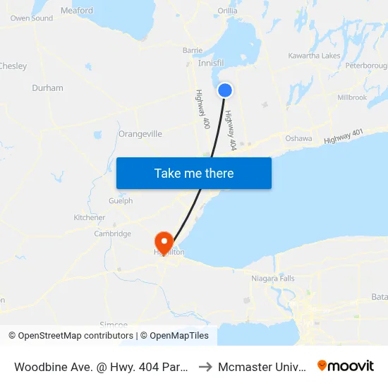 Woodbine Ave. @ Hwy. 404 Park & Ride to Mcmaster University map
