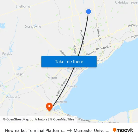 Newmarket Terminal Platform 10 to Mcmaster University map