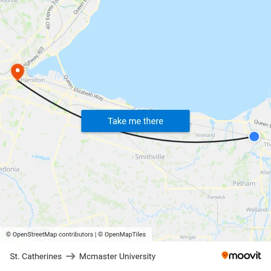 St. Catherines to Mcmaster University map
