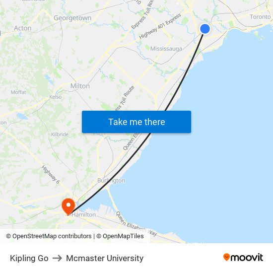 Kipling Go to Mcmaster University map