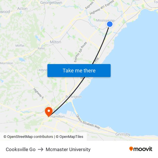 Cooksville Go to Mcmaster University map