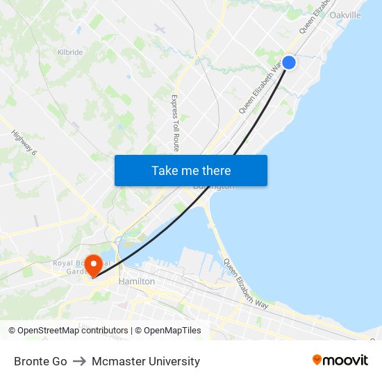 Bronte Go to Mcmaster University map