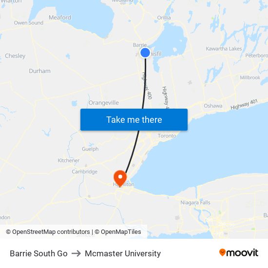 Barrie South Go to Mcmaster University map