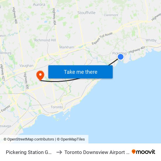 Pickering Station Go Rail to Toronto Downsview Airport (Yzd) map