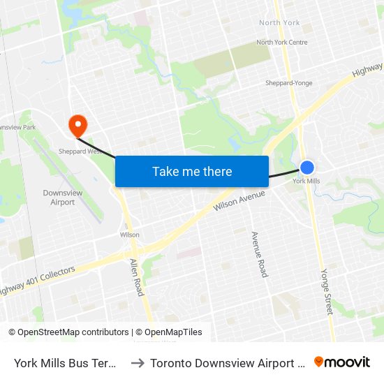 York Mills Bus Terminal to Toronto Downsview Airport (Yzd) map
