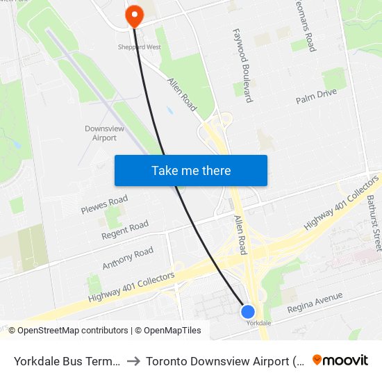 Yorkdale Bus Terminal to Toronto Downsview Airport (Yzd) map