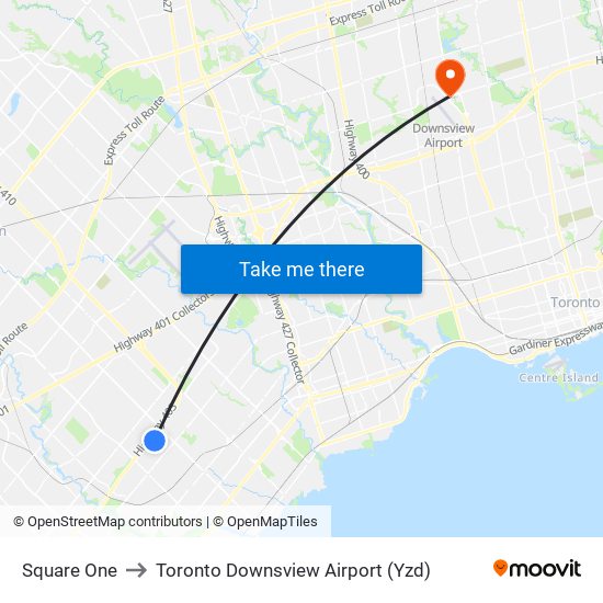 Square One to Toronto Downsview Airport (Yzd) map