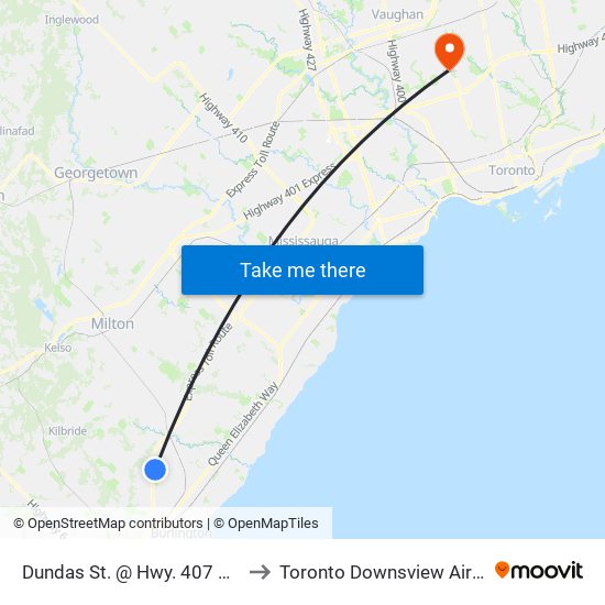 Dundas St. @ Hwy. 407 Park & Ride to Toronto Downsview Airport (Yzd) map