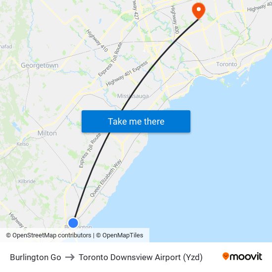 Burlington Go to Toronto Downsview Airport (Yzd) map