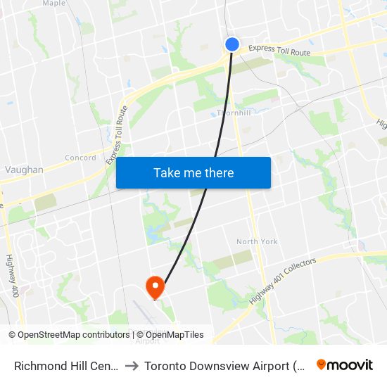 Richmond Hill Centre to Toronto Downsview Airport (Yzd) map