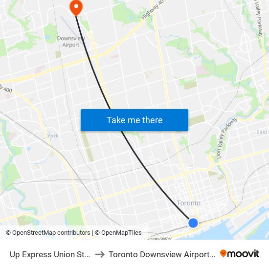 Up Express Union Station to Toronto Downsview Airport (Yzd) map