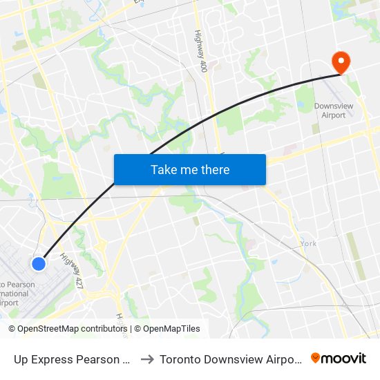 Up Express Pearson Airport to Toronto Downsview Airport (Yzd) map