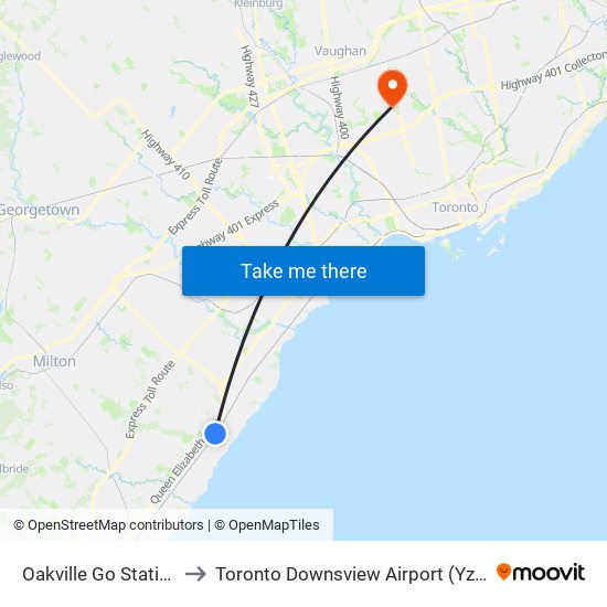 Oakville Go Station to Toronto Downsview Airport (Yzd) map
