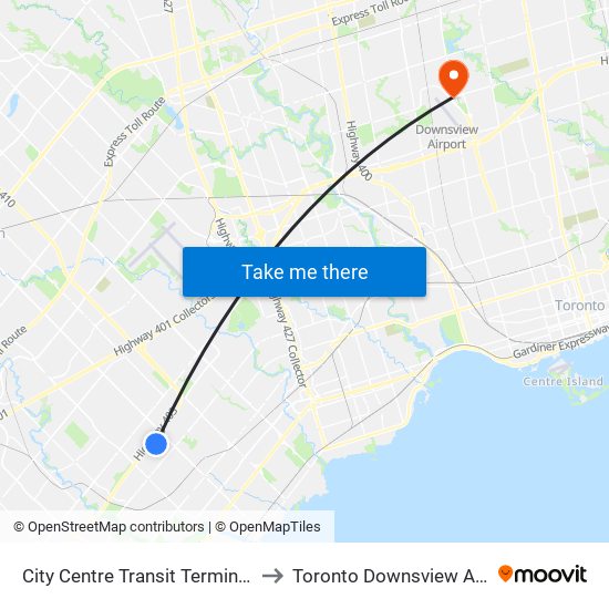 City Centre Transit Terminal Platform A to Toronto Downsview Airport (Yzd) map